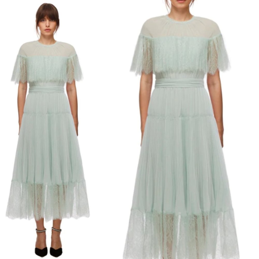 NWT SELF PORTRAIT Green Chiffon Cape Midi Dress UK 4 US 0